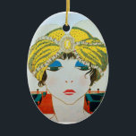 ORNAMENTO DE CERÂMICA MULHER COM TURBANA AMARELA ORIENTAL / SALA AZUL<br><div class="desc">Vibrante, ilustração de alta moda da Deco de Arte Francesa. Retrato de uma bela jovem elegante vestindo um chapéu oriental amarelo com penas em preto branco, amarelo, vermelho azul.design Legal, moderno e artístico.É também um belo para o Natal, feriado, ocasiões especiais, festas de aniversário, bola de mascarada do ano novo,...</div>