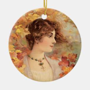Ornamento De Cerâmica Mulher de Outono Art Nouveau Impressão Folhagem Do