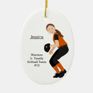 Ornamento De Cerâmica Mulher de Softball Brunette Orange & Black