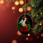 Ornamento De Cerâmica Mulher Elegante Máscara Veneziana Vermelho Verde<br><div class="desc">Um retrato cativante de uma mulher elegante de cabelos ruivos adornada com uma máscara veneziana lindamente detalhada em um fundo preto. Seu cabelo ruivo fluindo, xale vermelho rico e luvas verdes vivas criam um contraste marcante contra o fundo escuro, enquanto a máscara ornamentada adiciona um ar de mistério e intriga....</div>