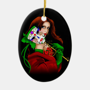 Ornamento De Cerâmica Mulher Elegante Máscara Veneziana Vermelho Verde