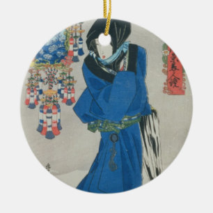 Ornamento De Cerâmica Mulher japonesa na neve (impressão do woodblock d
