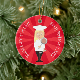 Ornamento De Cerâmica Mulher loira culinária chef personalizado no Nata