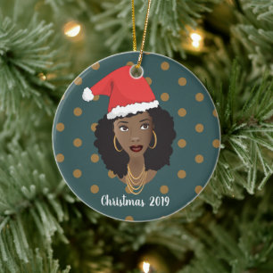Ornamento De Cerâmica Mulher Negra, Chapéu Natal, Teal Bolinhas