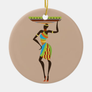 Ornamento De Cerâmica Mulher Tribal Africana com basquete de arte tribal