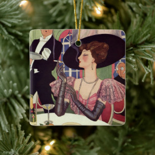 Ornamento De Cerâmica Mulher Vintage Bebendo Champanhe e Fumando Cigarro