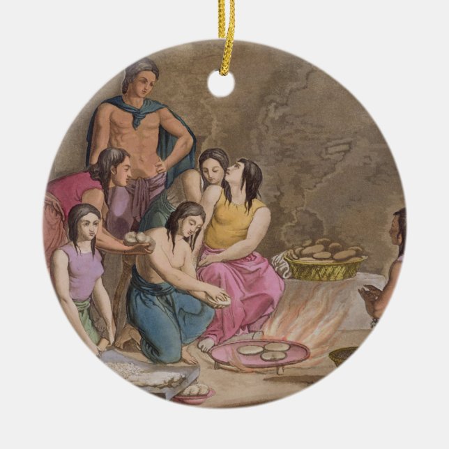 Ornamento De Cerâmica Mulheres astecas que fazem o pão do milho, México, (Frente)