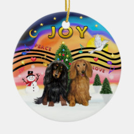Ornamento De Cerâmica Música de Natal 2 - Dachshund (dois de pelo longo)