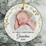 Ornamento De Cerâmica My First Christmas As Grandma Photo Gold Foliage<br><div class="desc">This elegant Grandma Christmas Ornament is decorated with gold foliage on a white background.
Easily customizable with baby's photo and year.
Original Watercolor © Michele Davies.</div>