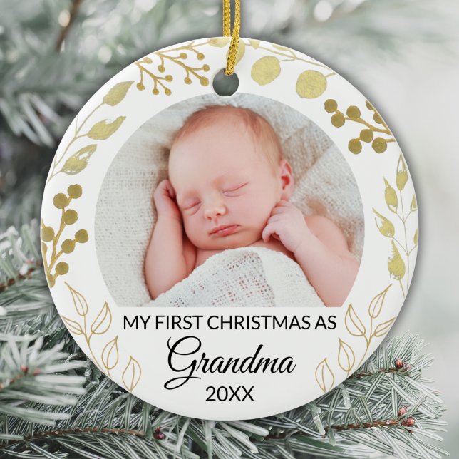 Ornamento De Cerâmica My First Christmas As Grandma Photo Gold Foliage (Criador carregado)