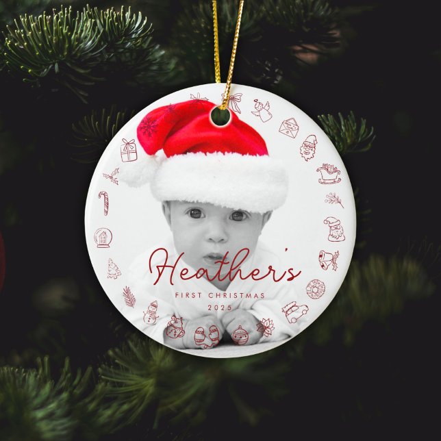 Ornamento De Cerâmica My First Christmas Print Personalized Baby Photo (Criador carregado)