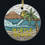 Ornamento De Cerâmica Myrtle Beach South Carolina Vintage<br><div class="desc">A ilustração de Myrtle Beach desenhada com montanhas e ondas oceânicas ao fundo. Perfeito para quem ama visitar Myrtle Beach.</div>