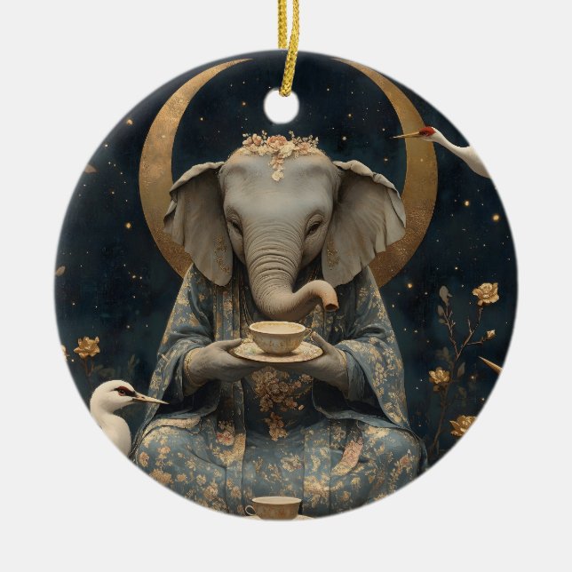 Ornamento De Cerâmica Mystical Elephant Tea Party Sob Lua Crescente (Frente)