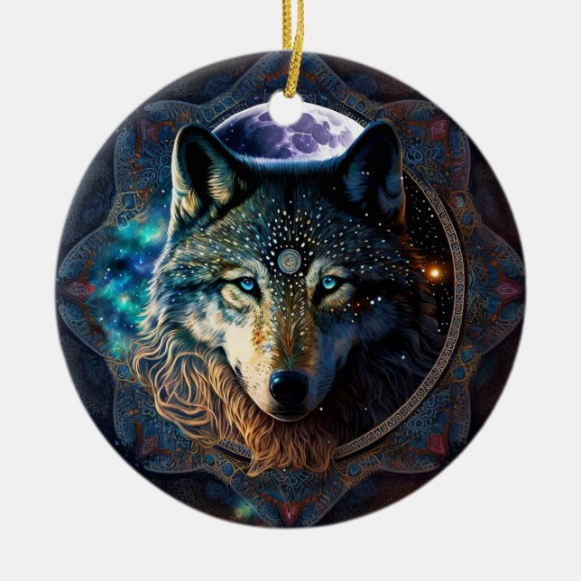 Ornamento De Cerâmica Mystical Wolf Moon Mandala (Frente)