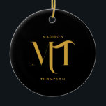 Ornamento De Cerâmica Na moda preto e Dourado Monograma - Letras iniciai<br><div class="desc">Planificador de iniciais na moda preto e monograma dourado. Um design profissional minimalista ideal para qualquer um. Personalize o monograma e o texto e faça dele seu!</div>