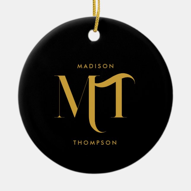 Ornamento De Cerâmica Na moda preto e Dourado Monograma - Letras iniciai (Frente)