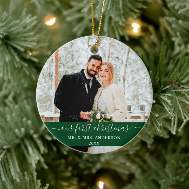 Ornamento De Cerâmica Na moda Script do Nosso Primeiro Verde Natal (Árvore)