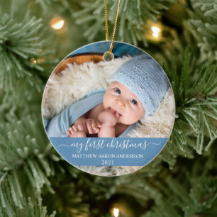 Ornamento De Cerâmica Na moda Script My First Christmas Baby Blue
