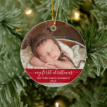 Ornamento De Cerâmica Na moda Script My First Christmas Baby Red<br><div class="desc">Elegante Na moda Trendy Roteiro Meu Primeiro Bebê Foto de Natal Ornamento Vermelho com Flocos de Neve de volta</div>
