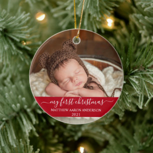 Ornamento De Cerâmica Na moda Script Red My First Christmas Baby