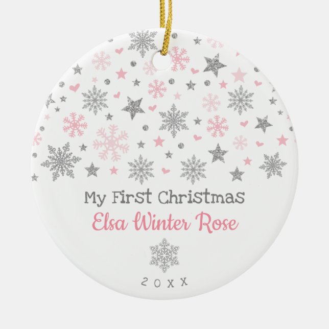 Ornamento De Cerâmica Na moda Silver Pink Snowflake Bebê Primeiro Natal (Frente)