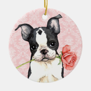 Ornamento De Cerâmica Namorados Boston cor-de-rosa Terrier