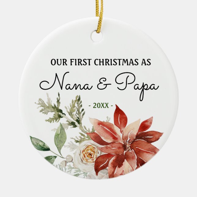 Ornamento De Cerâmica Nana e Papa Nosso Primeiro Natal como Avós (Frente)