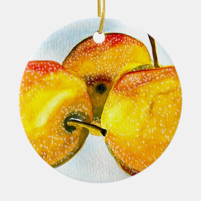 Ornamento De Cerâmica Nashi pera fruta de aquarela amarela (Frente)