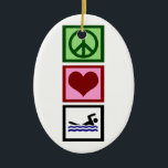Ornamento De Cerâmica Natação Peace Love<br><div class="desc">Um sinal de paz,  coração,  e uma pessoa de natação azul. Eu adoro natação. Um presente de excelente para um nadador ou salva-vidas.</div>