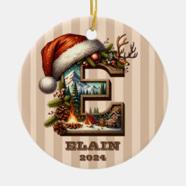 Ornamento De Cerâmica Natais vintages - Letra E com cena de inverno