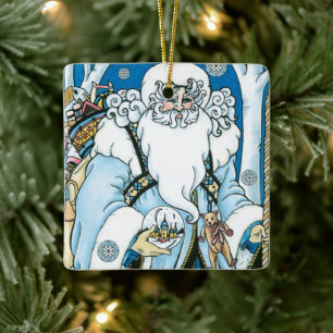 Ornamento De Cerâmica Natais vintages, Papai Noel Azul com o Globo de Ne