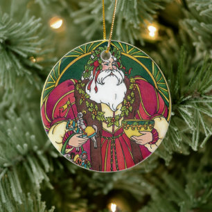 Ornamento De Cerâmica Natais vintages, Papai Noel com Holly Leaves