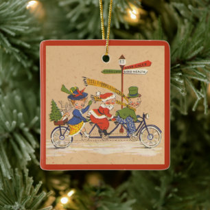 Ornamento De Cerâmica Natais vintages, Papai Noel Victoriano na biciclet