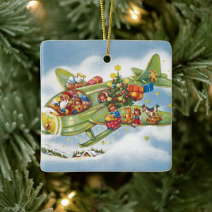 Ornamento De Cerâmica Natais vintages, Papai Noel Voando um Avião