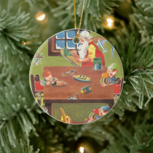 Ornamento De Cerâmica Natais vintages Papais noeis com Elves no Workshop