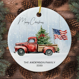 Ornamento De Cerâmica Natais vintages Red Truck USA Flag Patriotic