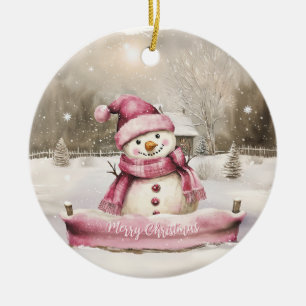 Ornamento De Cerâmica Natais vintages Rosa Snowman