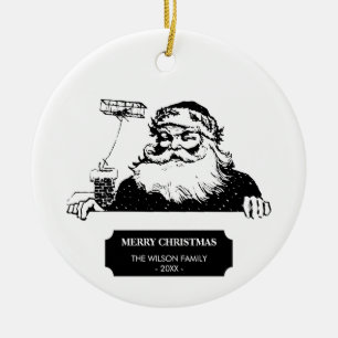 Ornamento De Cerâmica natais vintages Santa Claus Preto Branco