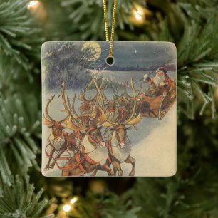 Ornamento De Cerâmica Natais vintages Santa Claus Sleigh com Reindeer