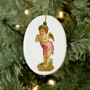 Ornamento De Cerâmica Natal Antigo, Anjo Músico com Flauta de Pã