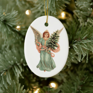 Ornamento De Cerâmica Natal Antigo, Anjo Vitoriano com Árvore