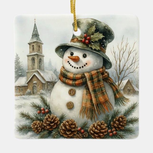 Ornamento De Cerâmica Natal Antigo Boneco de Neve (Frente)