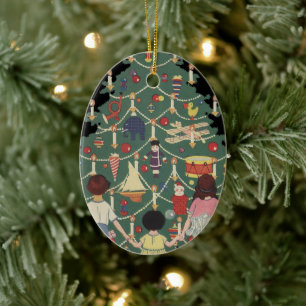 Ornamento De Cerâmica Natal Antigo Crianças ao Redor de uma Árvore Decor