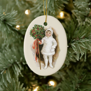 Ornamento De Cerâmica Natal Antigo, Menina Vitoriana com Azevinho