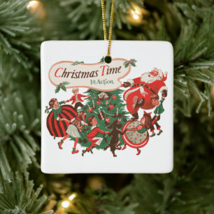 Ornamento De Cerâmica Natal Antigo Papai Noel e Crianças Dançando