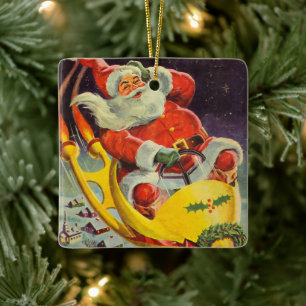 Ornamento De Cerâmica Natal Antigo, Papai Noel em uma Espaçonave