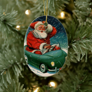 Ornamento De Cerâmica Natal Antigo, Papai Noel num Carro Fofo