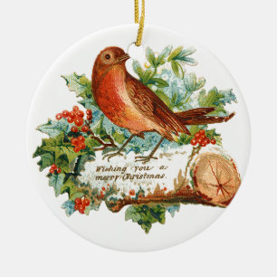 Ornamento De Cerâmica Natal antiquado, pisco de peito vermelho