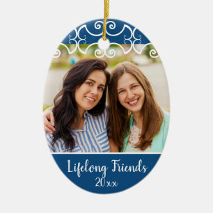 Ornamento De Cerâmica Natal Azul com Foto do Cliente com Dois Lados