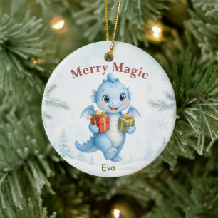 Ornamento De Cerâmica Natal Azul Mágico Bebê Dragão Christmas